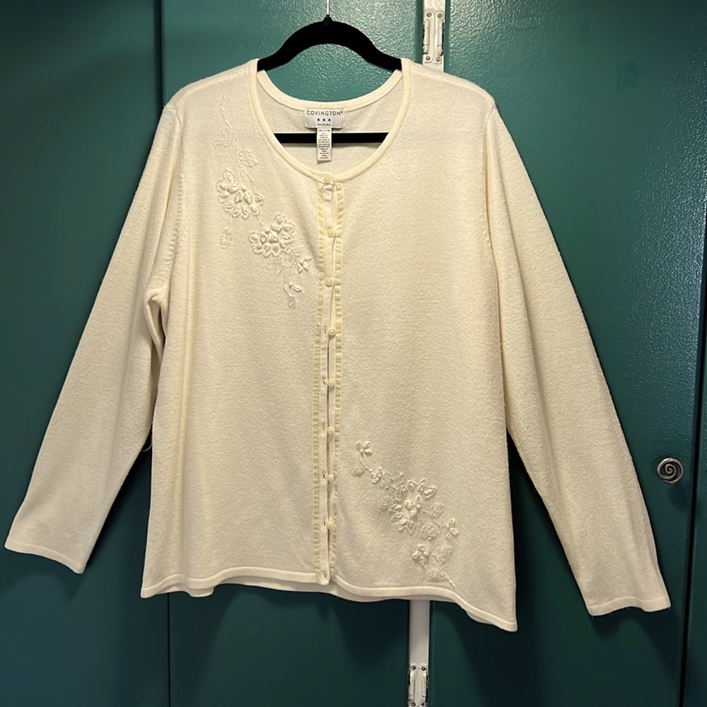 Covington Sweater beaded and silk ribbon sew on floral design cream color